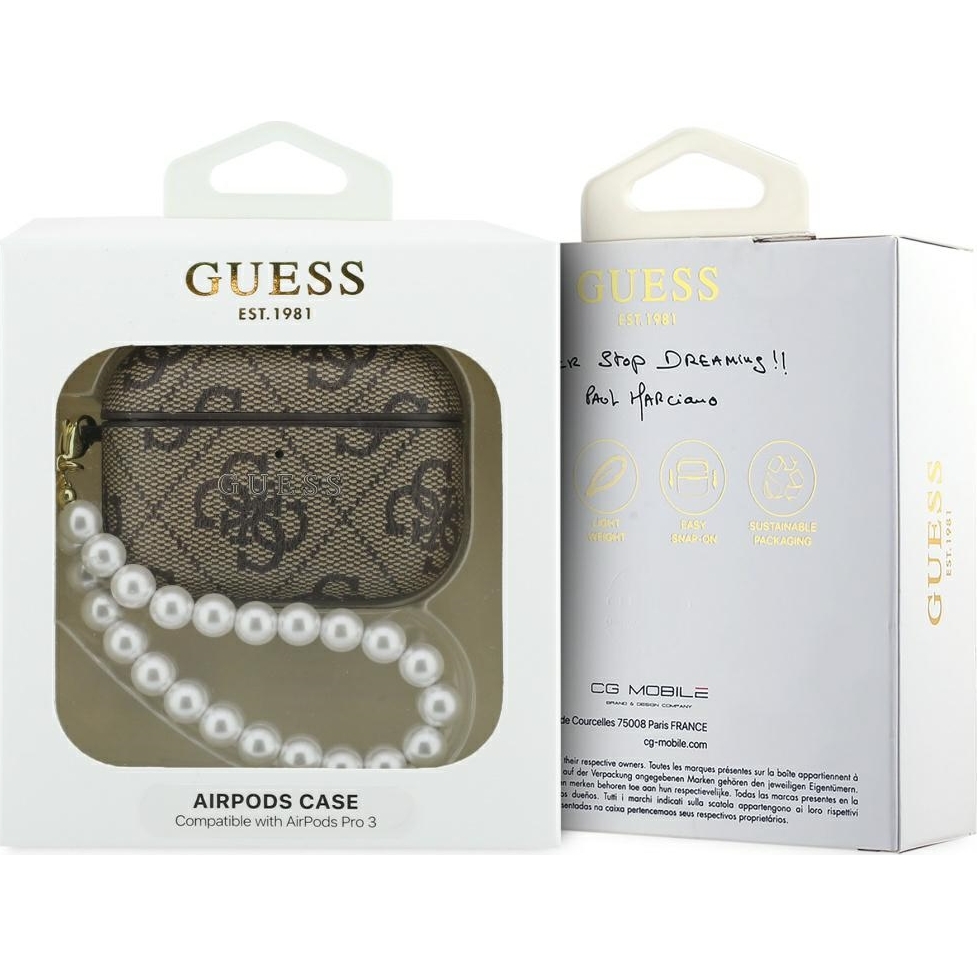 Oryginalne ekskluzywne etui od marki Guess z kolekcji 4G Pearl Strap z perłową zawieszką dla Apple AirPods Pro 3,brązowe